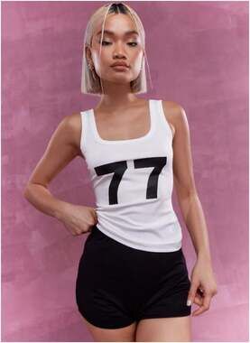 SHEIN MISSGUIDED 77 Graphic Ribbed Tank Top Womens XS White Black Y2K Streetwear
